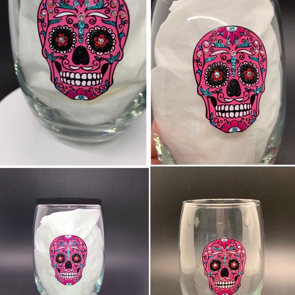 BLING GLITTER & SWAROVSKI CRYSTALS PINK & TEAL SUGAR SKULL STEMLESS WINE GLASS - Picture 3 of 12